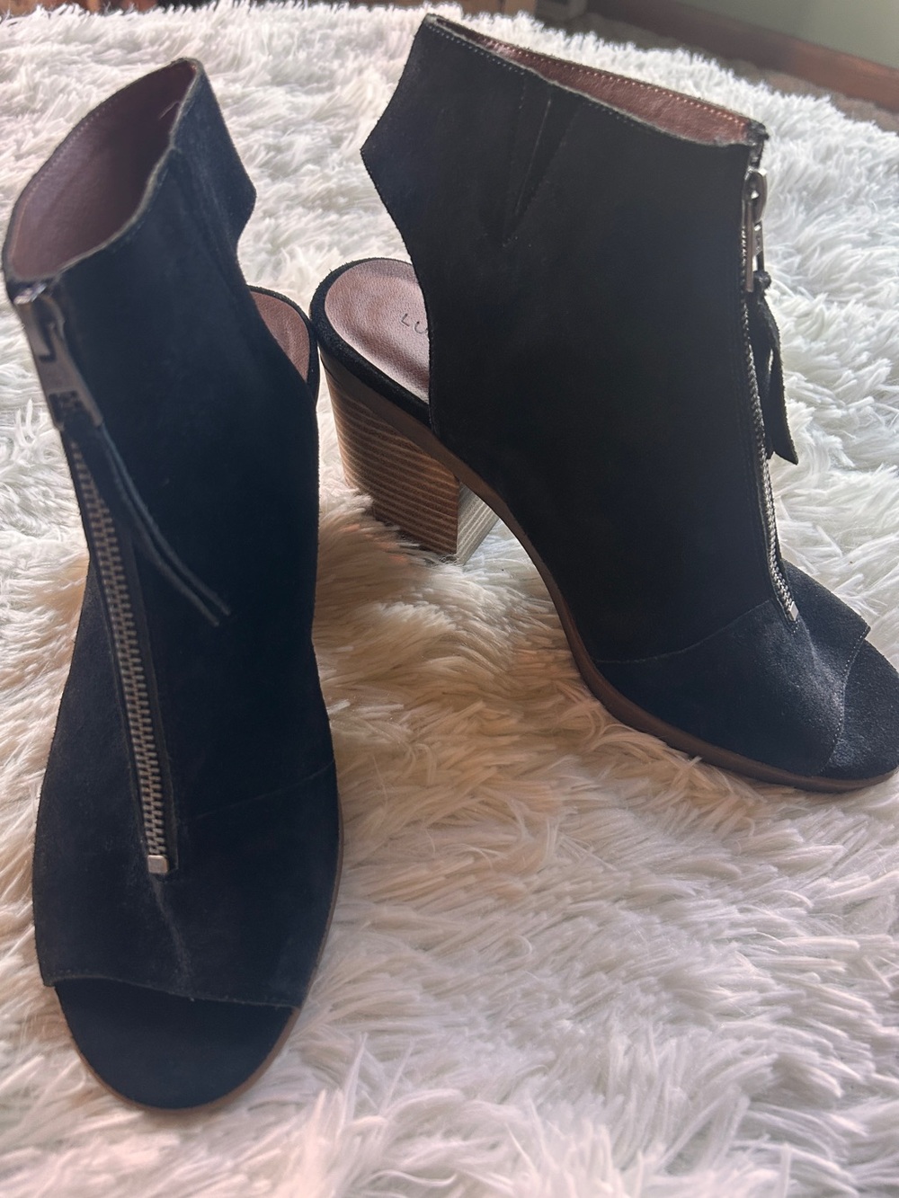Lucky Brand Black Leather Open-Toe Block Heel Booties - Size 8.5
